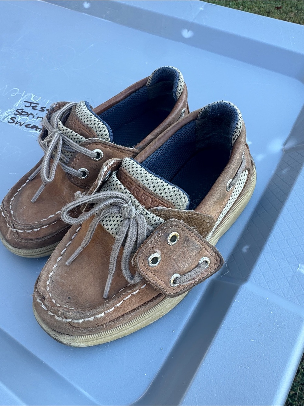 Sperry Kids Tan Brown Boat Shoes with Navy Lining